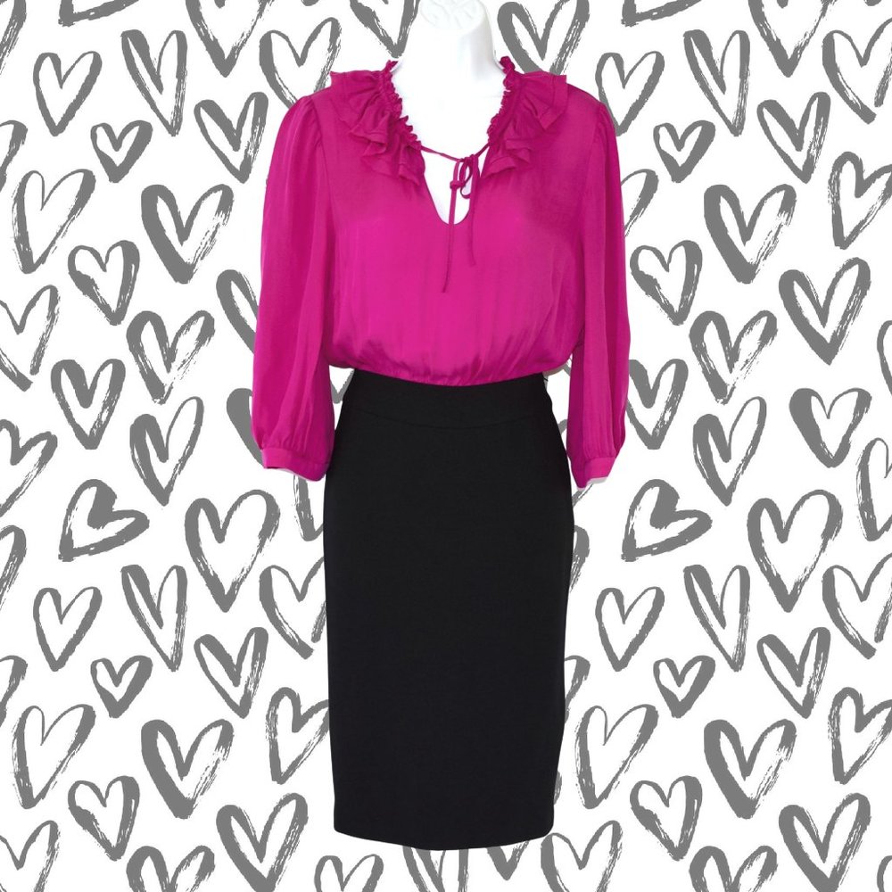 PARKER Pink Black Silk Ruffle Pencil Skirt Dress